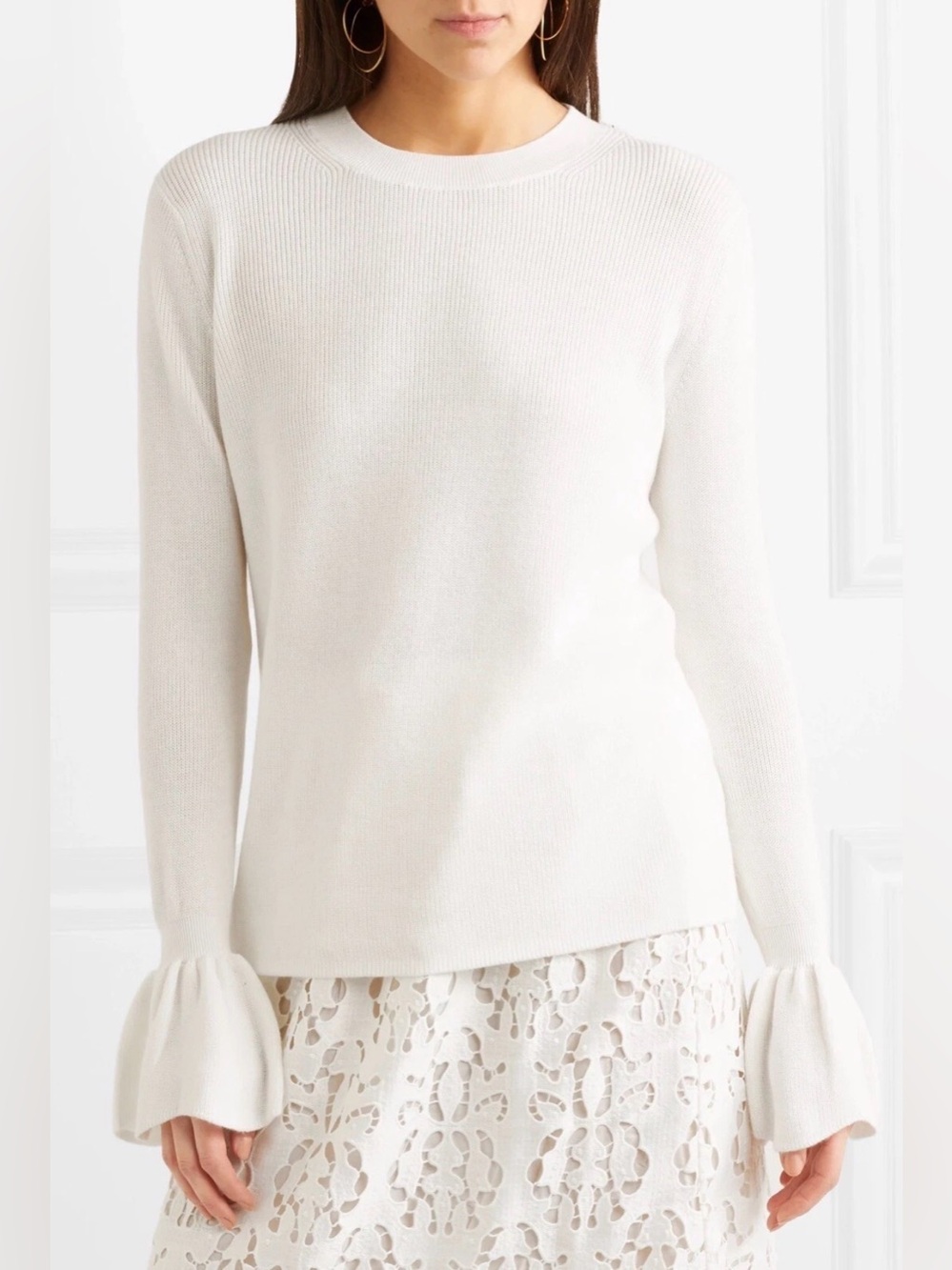 See By Chloe Ribbed Crewneck Bell Sleeve Sweater Large White Winter Feminine